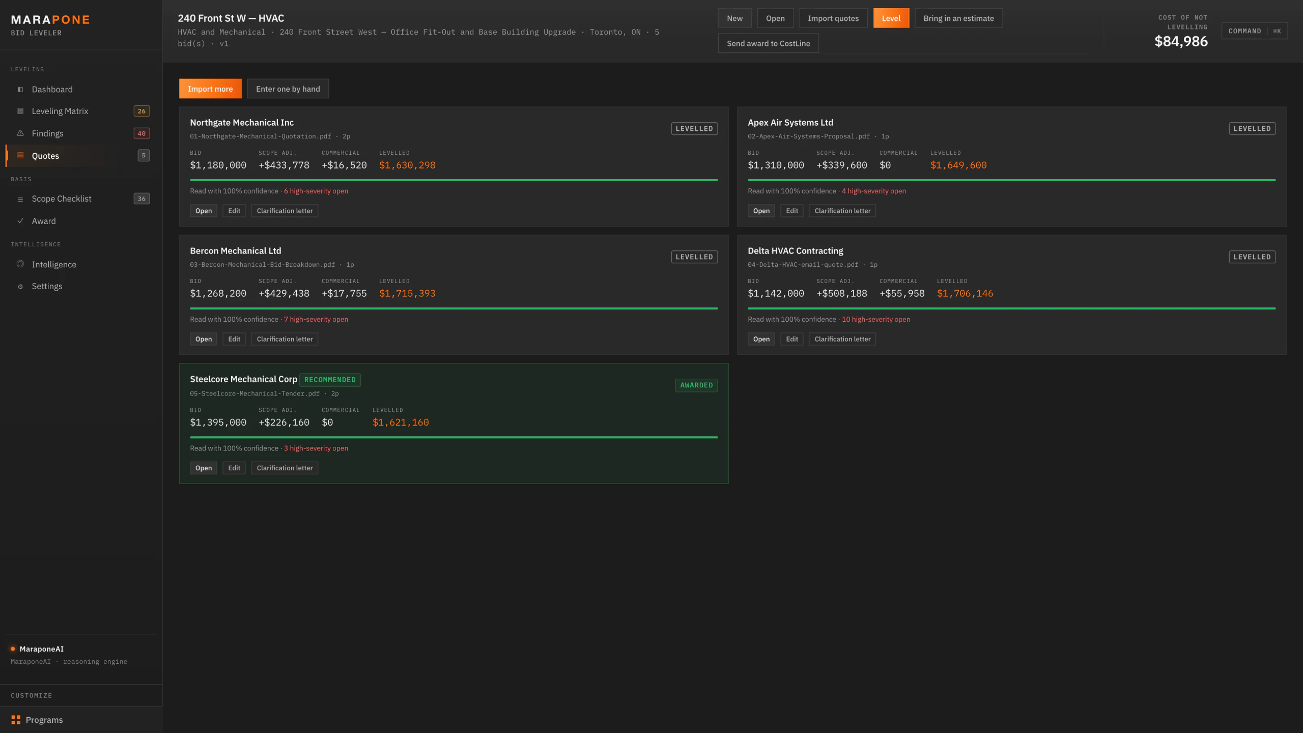 Each quote read and levelled — bid, scope and commercial adjustments