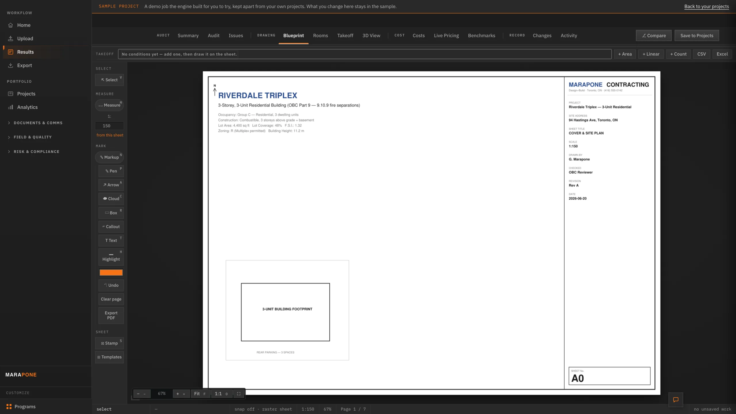The drawing open in Blueprint Auditor's viewer, beside its markup, measure and takeoff tools