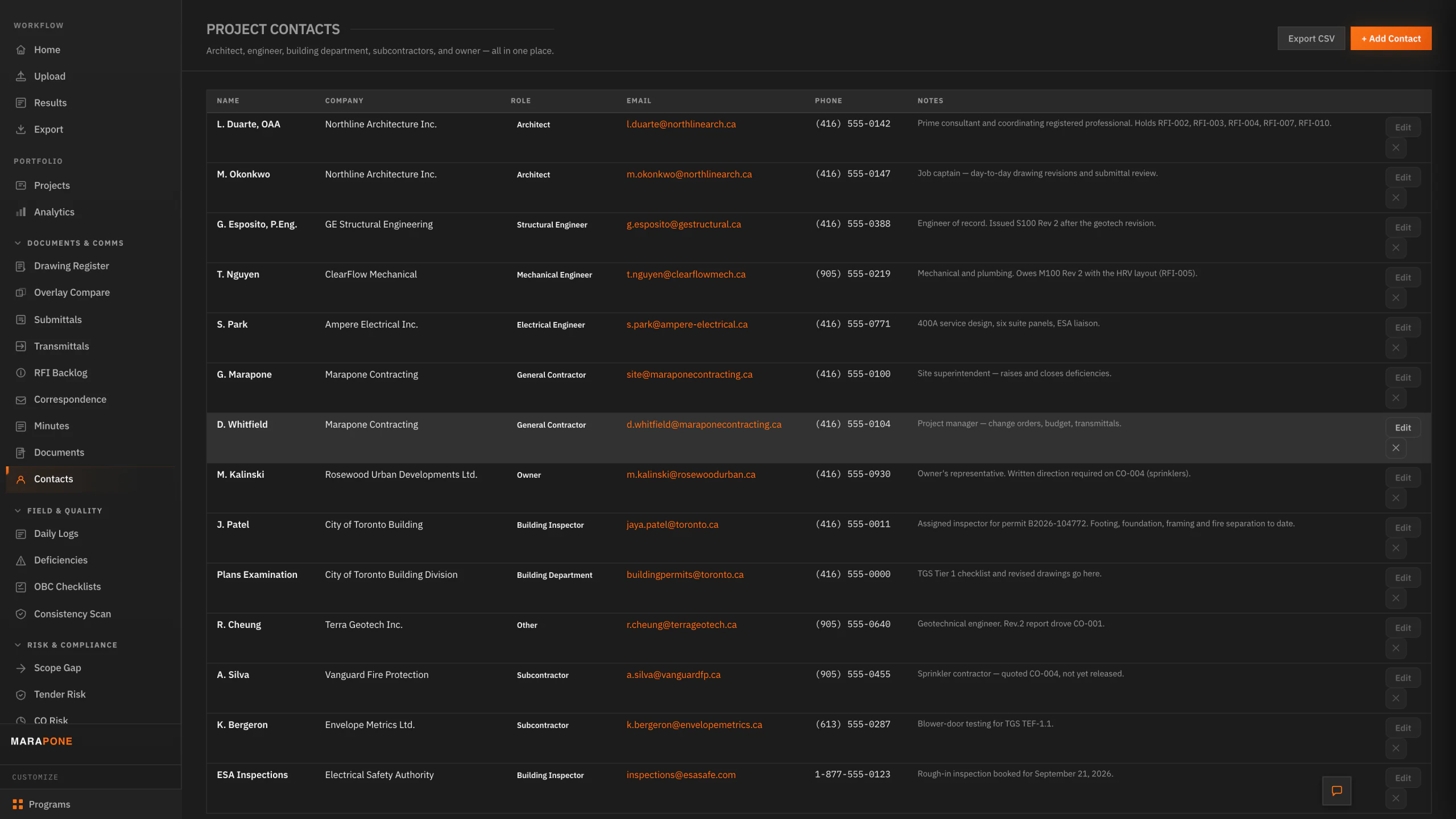 Project contacts — architect, engineers, inspectors and subtrades