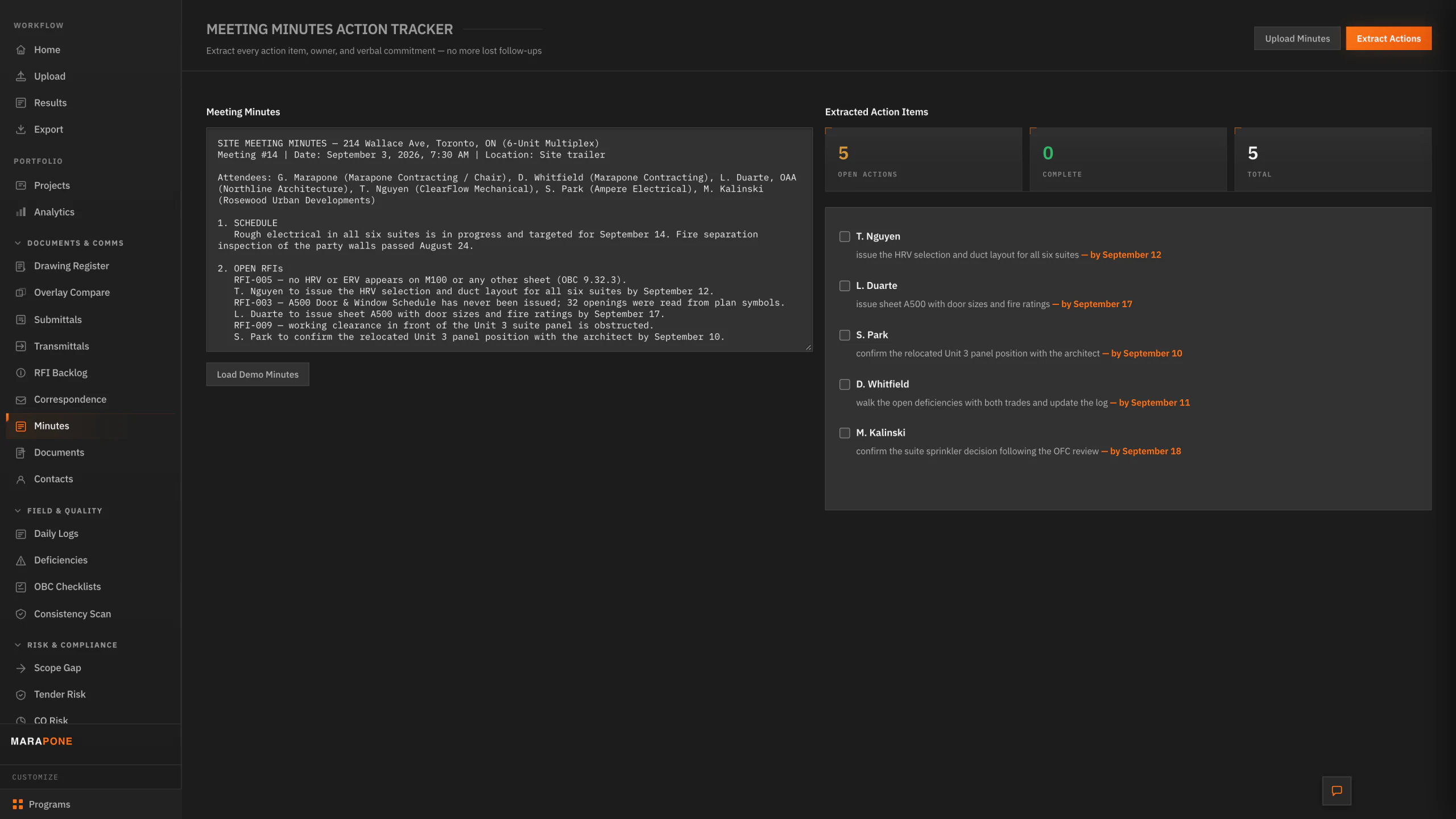 Actions pulled out of the minutes, with an owner and a date on each