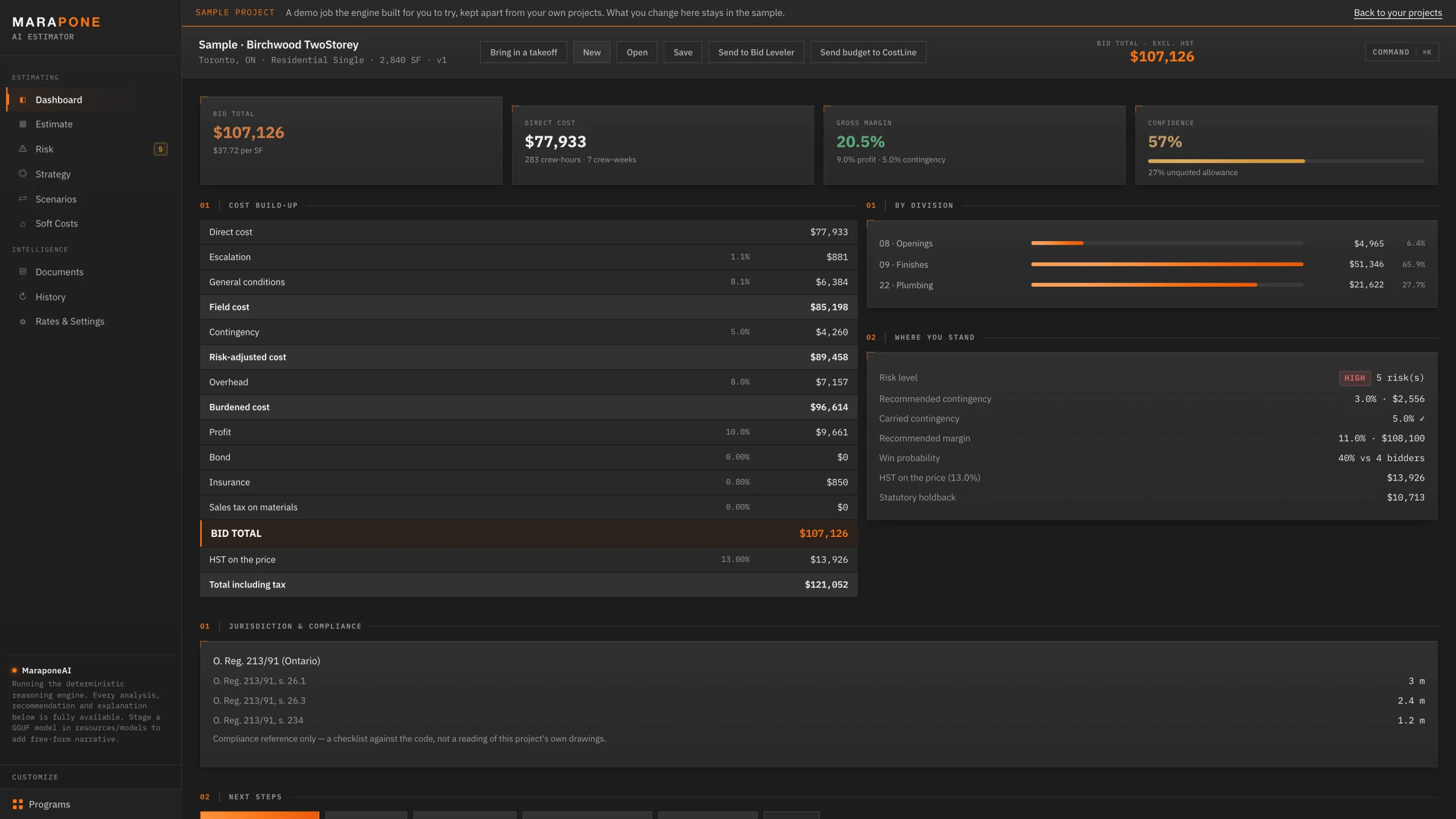 The AI Estimator's dashboard for a priced bid.