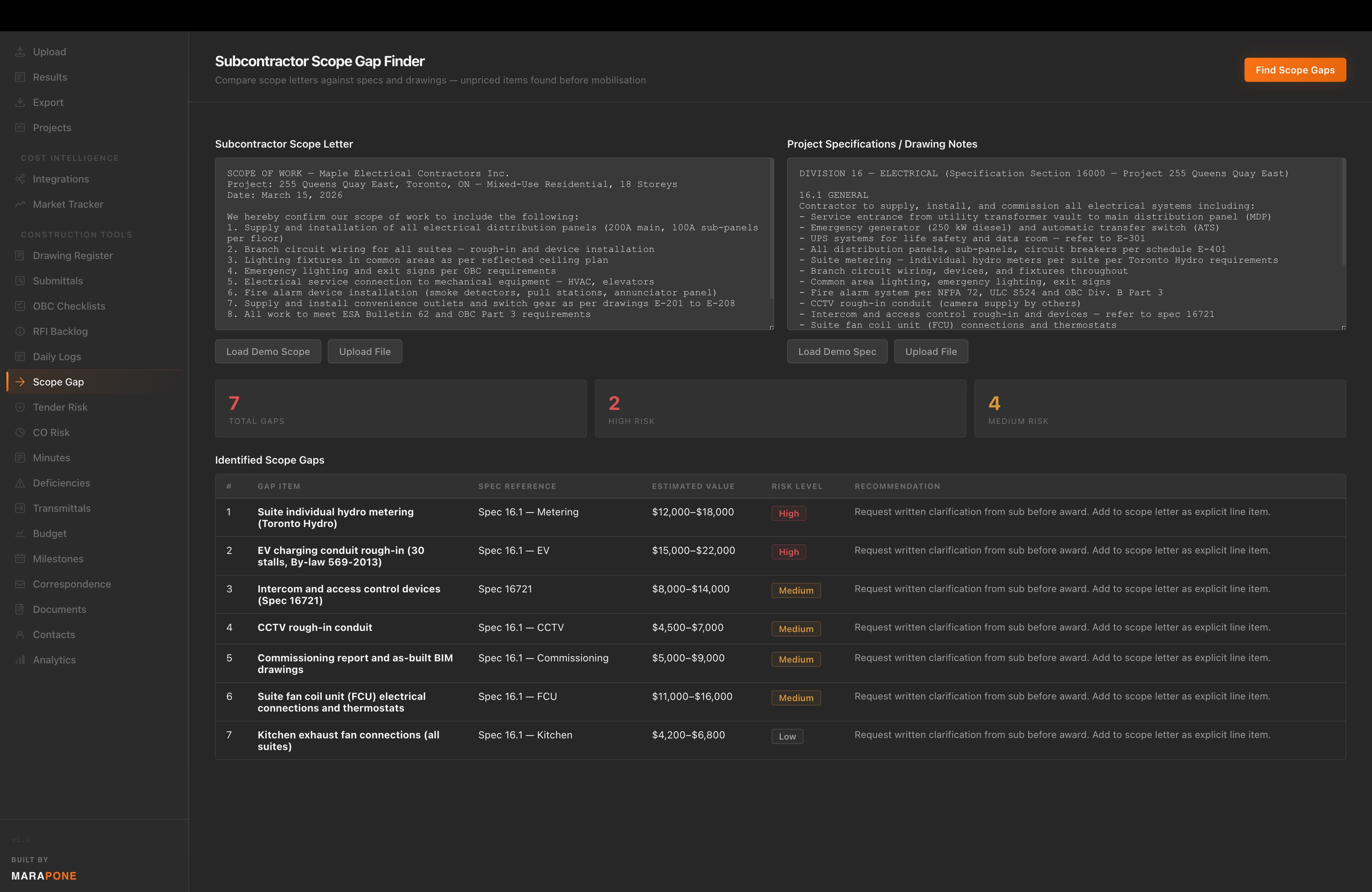 Subcontractor Scope Gap Finder tool preview