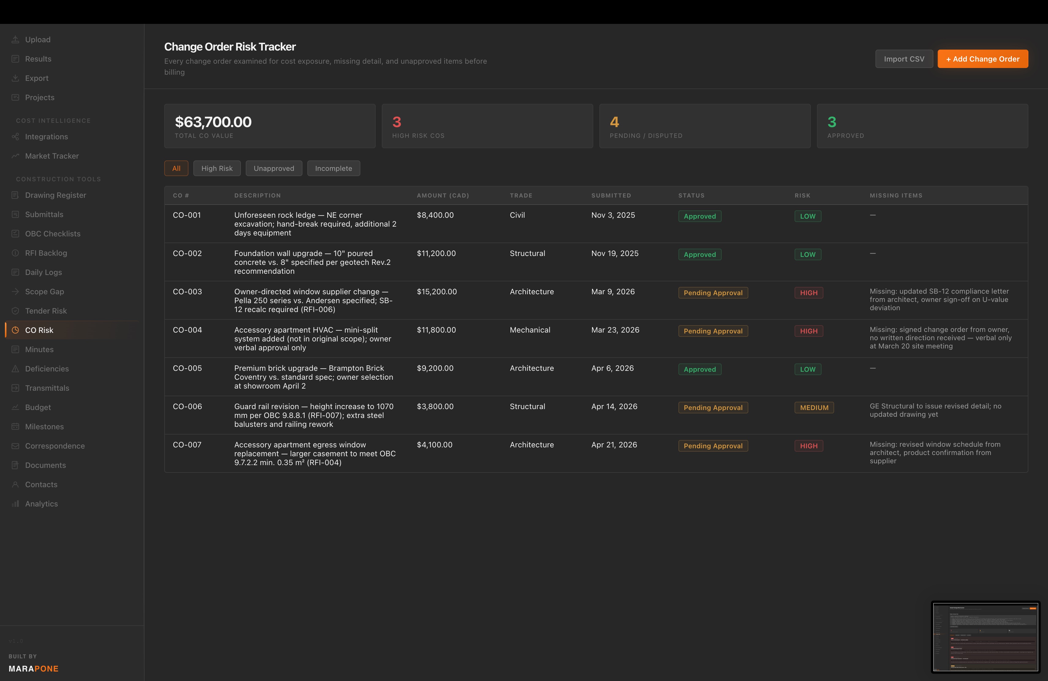 Change Order Risk Tracker tool preview