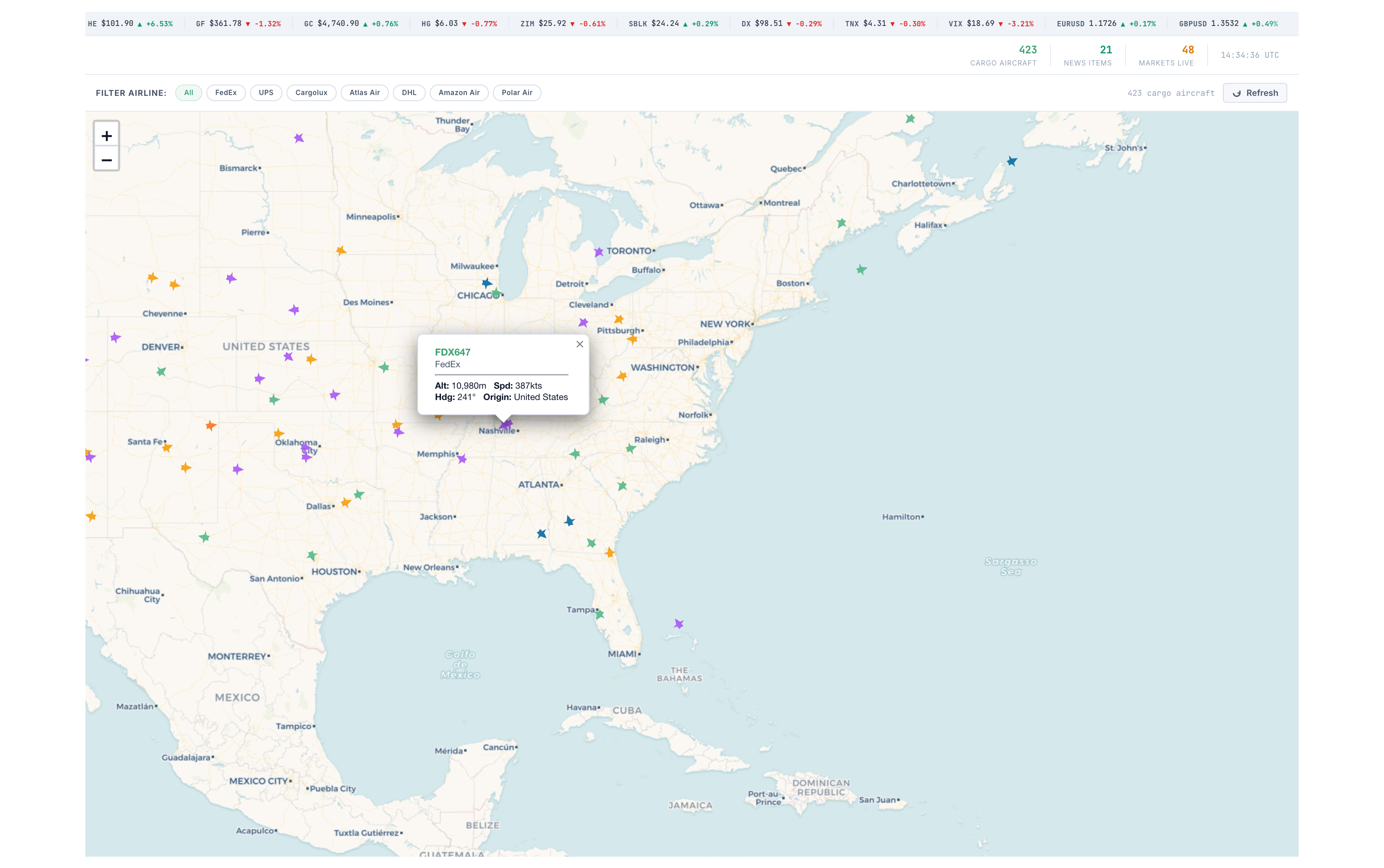 Carrier Tracker live cargo aircraft map preview