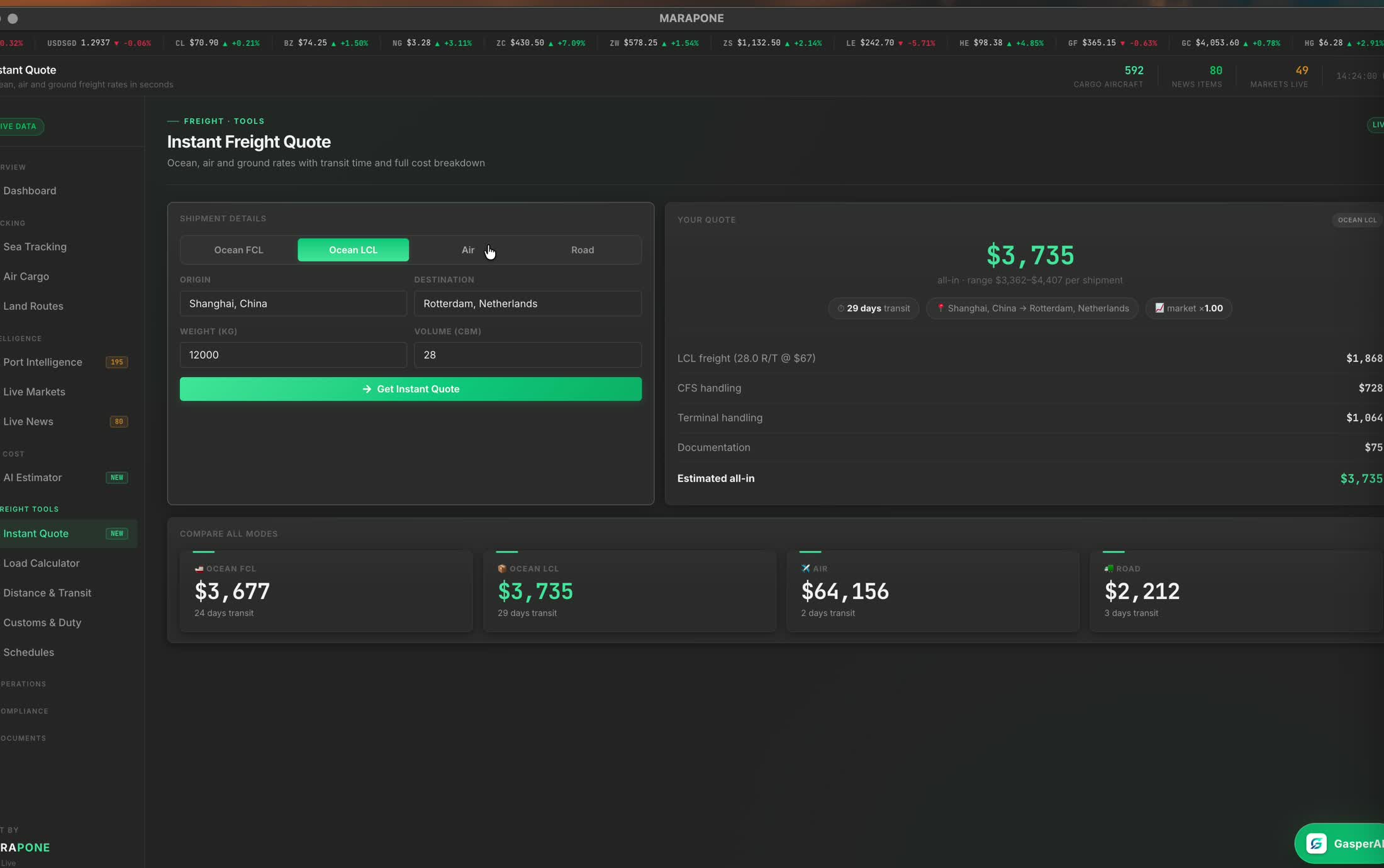 Marapone Instant Freight Quote — live carrier-panel rates with an all-in landed cost breakdown