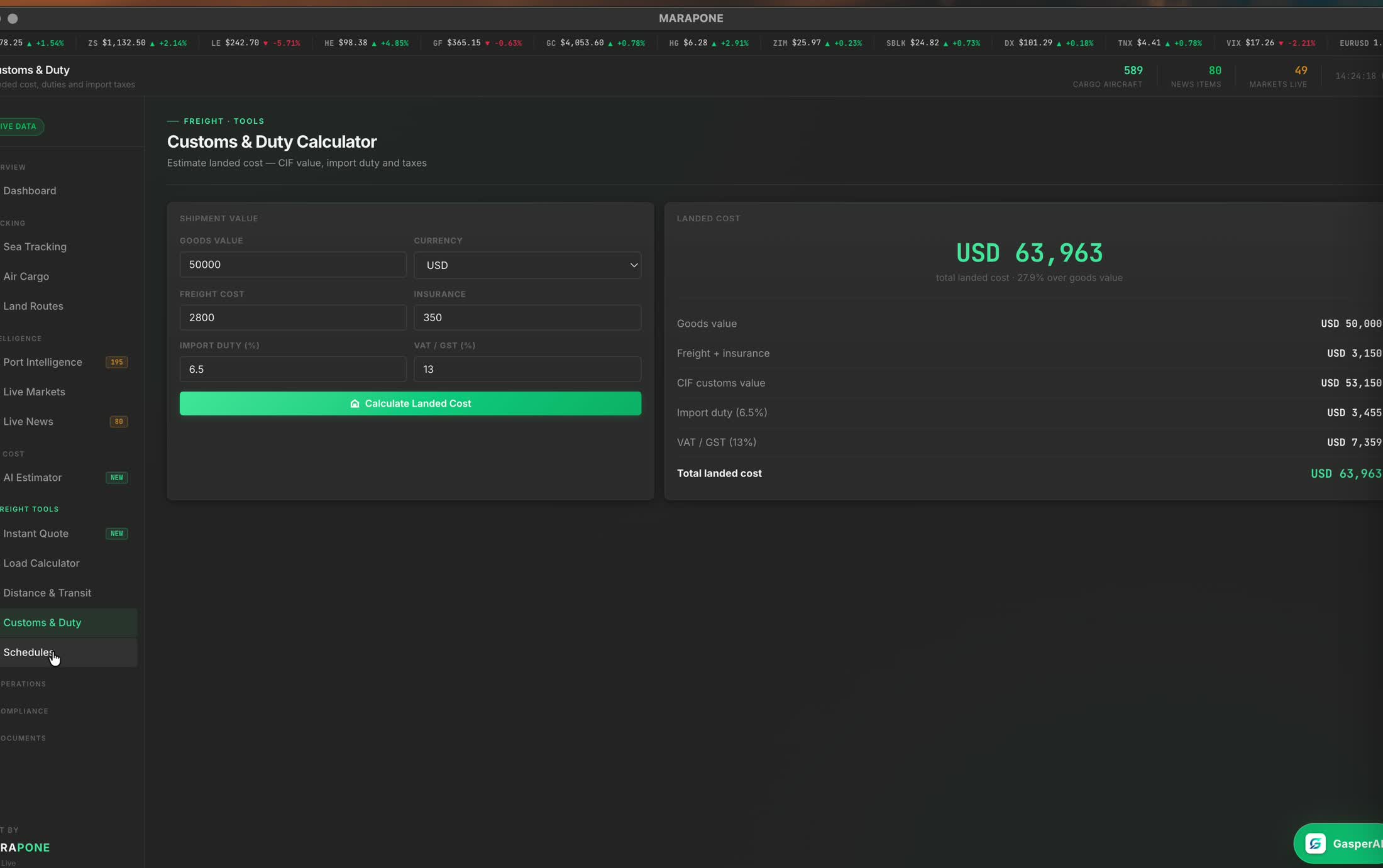 Marapone Customs & Duty Calculator — CIF value, import duty and tax breakdown